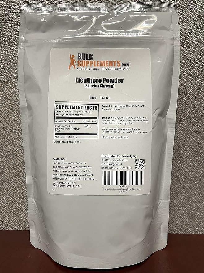 BulkSupplements.com Eleuthero Powder - Siberian Ginseng Powder, Eleutherococcus senticosus, Ginseng Herbal Supplements, Gluten Free, 500mg of per Serving, 250g (8.8 oz) (Pack of 1)