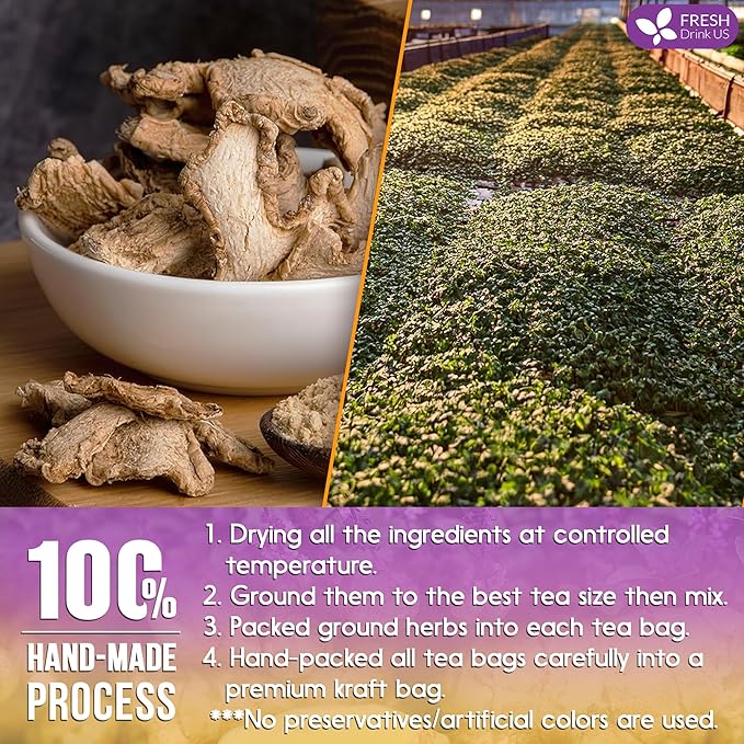 FreshDrinkUS, Premium 75 Ginger Tulsi Tea Bags, 100% Natural, Hand-made Blend of Ginger and Tulsi Holy Basil Leaves, Eco-conscious Tea Bags. Ginger Tulsi Herbal Tea. No Sugar, No Caffeine, Vegan.