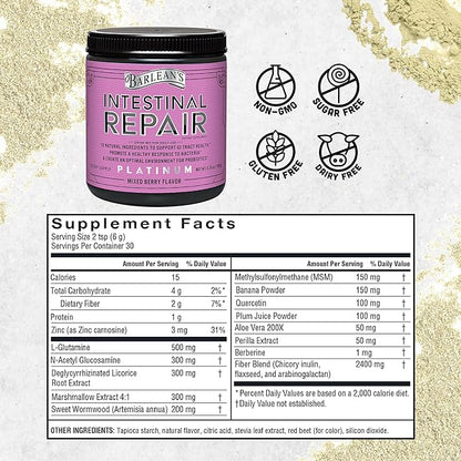 Barlean’s Intestinal Repair Gut Health Powder with 16 Digestive Supplements, L-Glutamine, Marshmallow & Licorice Root, Aloe Vera, and Fiber Mixed Berry Flavor, 6.35 oz