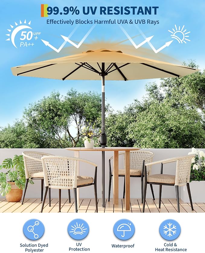 9FT Patio Umbrella Outdoor, Market Umbrella, Table Umbrella with Push Button Tilt and Crank, 8 Sturdy Ribs UV Protection Waterproof for Garden, Pool, Deck, Backyard (Beige)