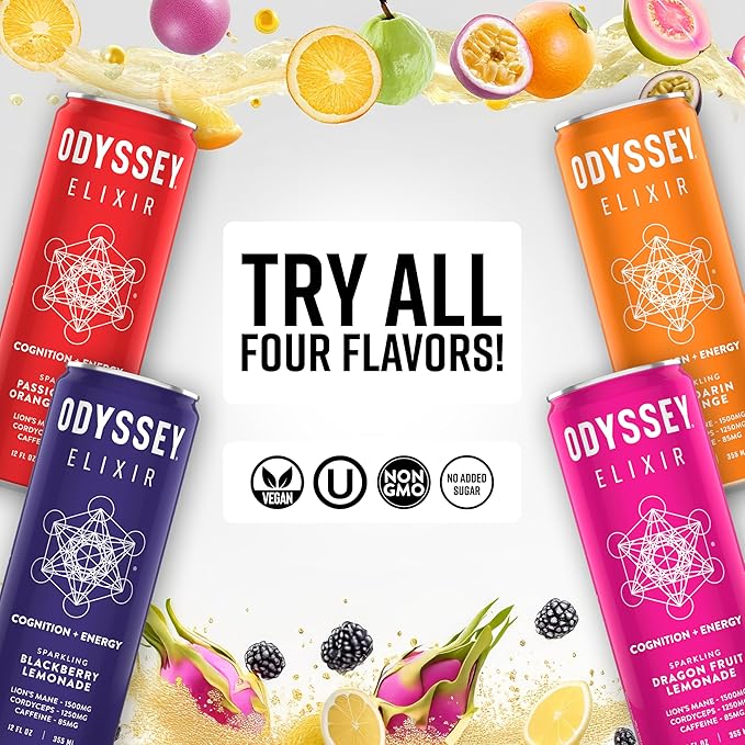 Odyssey Elixir Cognition + Sustainable Energy - Lion's Mane, Cordyceps, L Theanine, Ginseng & 85mg Green Tea Caffeine - 0 Added Sugar - No Jitters or Crash - Orange - 12 Fl oz, 12 Pack