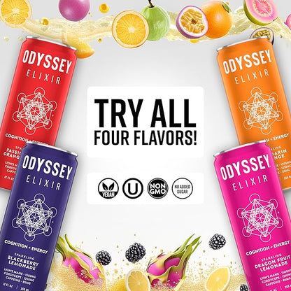 Odyssey Elixir Cognition + Sustainable Energy - Lion's Mane, Cordyceps, L Theanine, Ginseng & 85mg Green Tea Caffeine - 0 Added Sugar - No Jitters or Crash - Orange - 12 Fl oz, 12 Pack