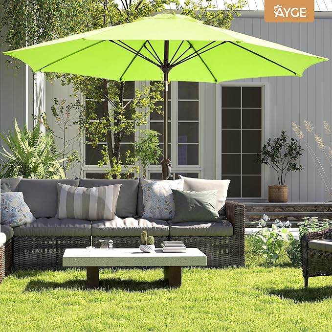 Ayge 9FT Large Outdoor Patio Umbrella Market Table Umbrella-UV Resistant, Easy Push Button Tilt and Crank, 8 Sturdy Fiberglass Ribs Heavy-Duty Pool Umbrella for Deck, Backyard,Garden