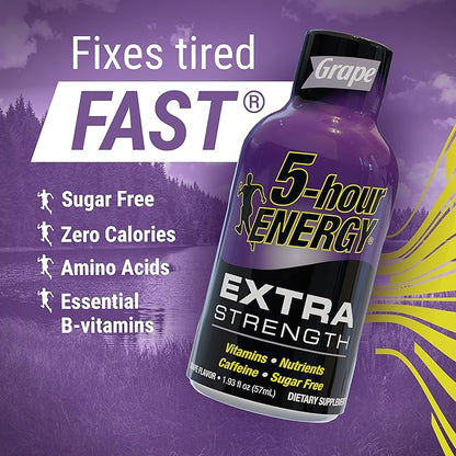 5-hour ENERGY Extra Strength Energy Shot, Grape Flavor, 1.93 oz., 30 Count, Zero Calories & Sugar-Free 230 mg Caffeinated Energy Shot, Amino Acids & B Vitamins, Dietary Supplements