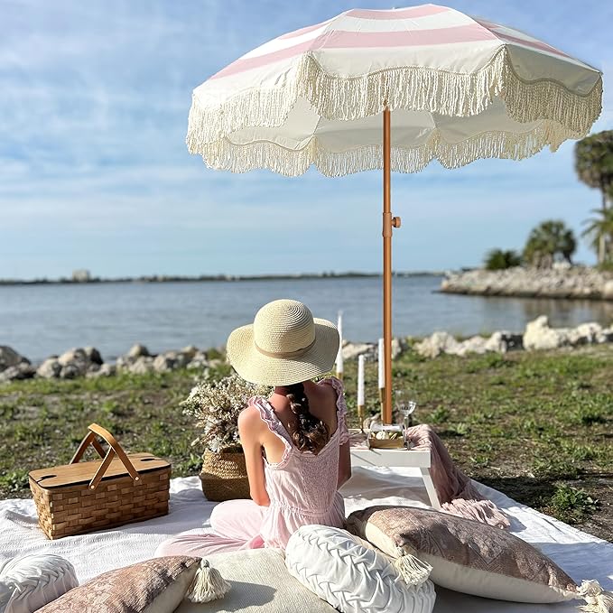 AMMSUN Boho Fringe Umbrella Outdoor Patio, 6.5ft UPF50+ Picnic Umbrella with Tassels with Steel Pole and Push Button Tilt, Pink Stripes