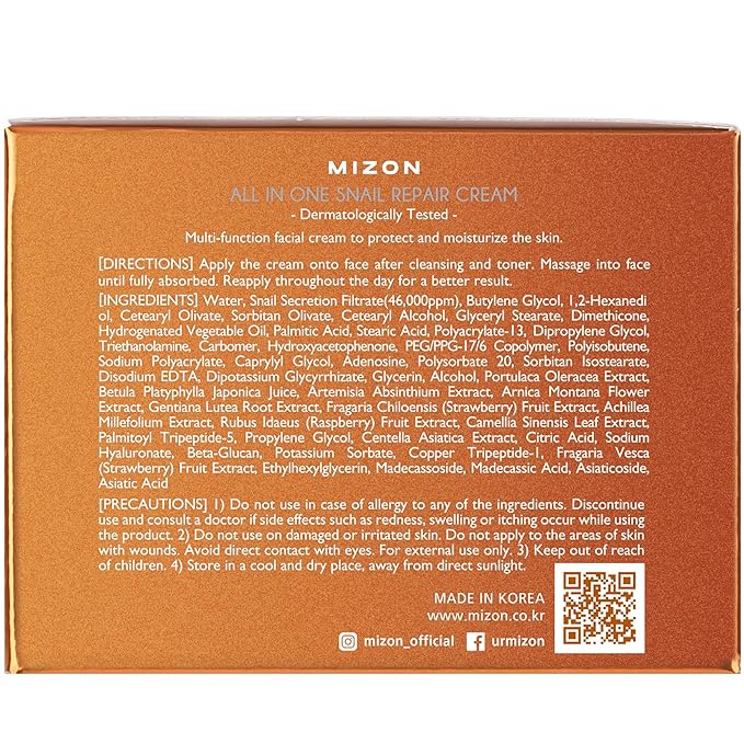MIZON All in One Snail Repair Cream Snail Mucin with 12 Natural Extracts Korean Recovery Cream for Fine Line & Blemish Care (4.06 fl oz)