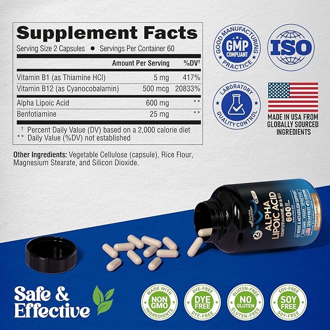 Alpha Lipoic Acid 600mg - ALA Supplement Antioxidant for Nerve, Energy & Metabolism Support - Extra Strength w/Benfotiamine, B1 & B12 - Lab Tested, NON-GMO & Vegan - 120 Capsules, 2 Month