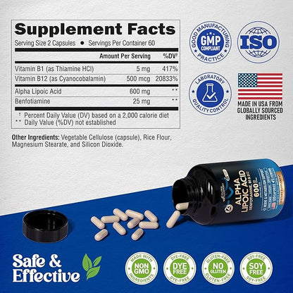 Alpha Lipoic Acid 600mg - ALA Supplement Antioxidant for Nerve, Energy & Metabolism Support - Extra Strength w/Benfotiamine, B1 & B12 - Lab Tested, NON-GMO & Vegan - 120 Capsules, 2 Month