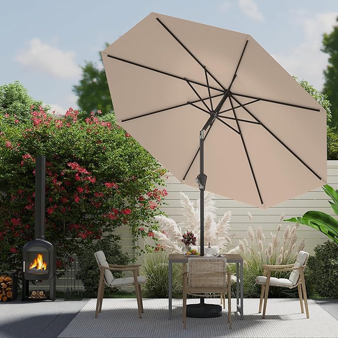 9 FT Patio Umbrella for Outdoor, Outdoor Umbrella with Push Button Tilt and Crank, Outdoor Patio Umbrellas with 8 Sturdy Ribs for Market, Garden, Deck, Backyard, Pool (Beige)