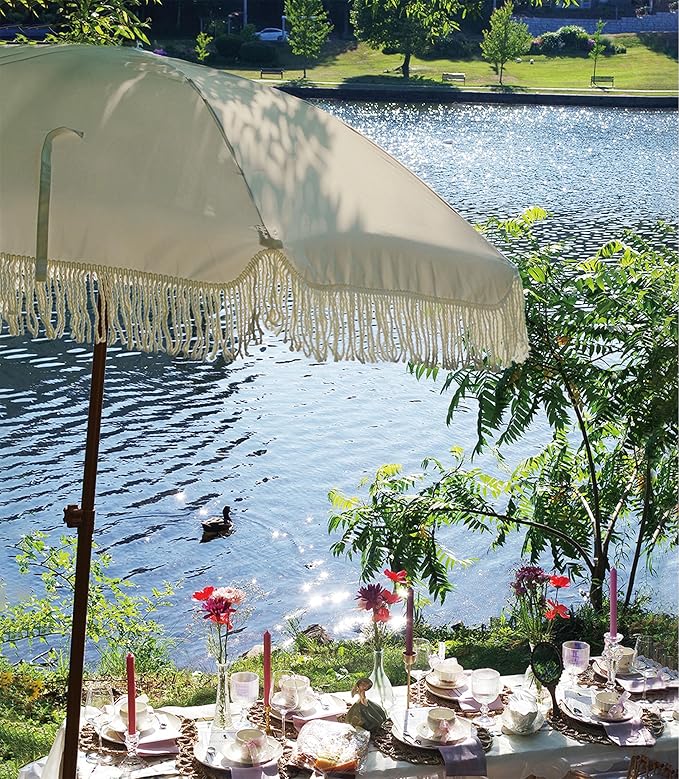 AMMSUN 7ft Patio Umbrella with Fringe Outdoor Tassel Umbrella UPF50+ Premium Steel Pole and Ribs Push Button Tilt, Light Beige
