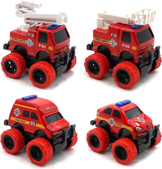 Pull Back Die-cast Alloy Fire Truck Vehicles Play Set,Monster Truck Model Cars,Friction Powered Toy Cars,4 Pack,Toys for 3 4 5 + Years Old Kids,Christmas/Birthday Gifts for Boys & Girls,Party Favors