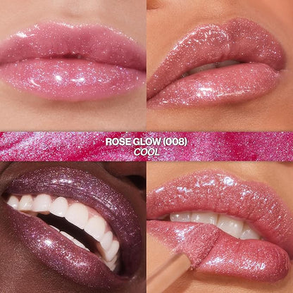 REVLON Super Lustrous Glimmer Gloss Gift Set, 3-Piece, Non-Sticky Lip Makeup, Plant-Based Glitter, High-Shine Finish, 008 Rose Glow, 005 Glazed Almond 001 Diamond Drama