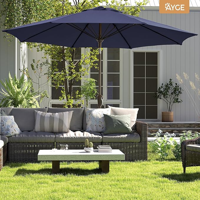 Ayge 9FT Large Outdoor Patio Umbrella Market Table Umbrella-UV Resistant, Easy Push Button Tilt and Crank, 8 Sturdy Fiberglass Ribs Heavy-Duty Pool Umbrella for Deck, Backyard,Garden