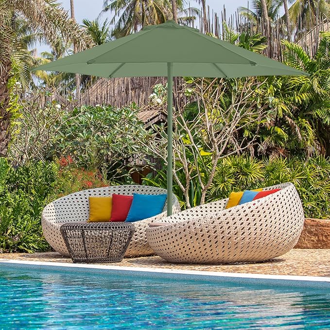 9ft Outdoor 1S Push-Up Patio Umbrella - Market Table Pool Deck Umbrella UPF50+ UV Protection with 6 Sturdy Ribs for Balcony, Garden, Lawn, Backyard (Morandi Green)
