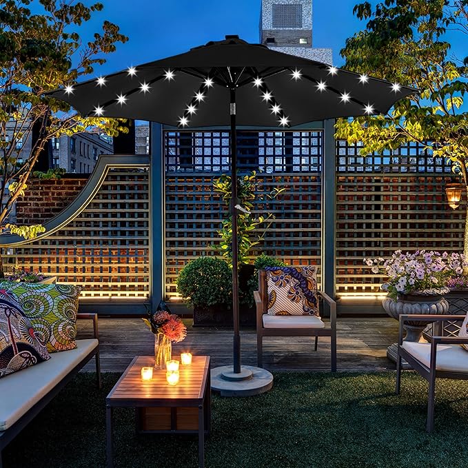 Yaheetech 9FT Solar Patio Umbrella Outdoor Table Market Umbrella w/8 Ribs and 32 LED Lights, Tilt & Crank & UV Protection for Backyard/Deck/Poolside, Black