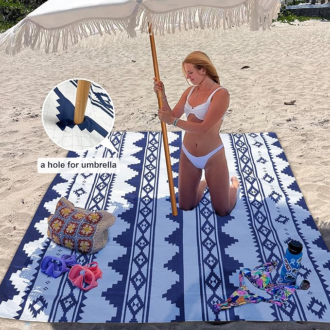 AMMSUN Boho Fringe Umbrella with Outdoor Blanket, 6.5ft UPF50+ Picnic Umbrella with Tassels with Steel Pole & Push Button Tilt, Antique White