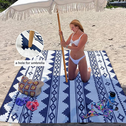 AMMSUN Boho Fringe Umbrella with Outdoor Blanket, 6.5ft UPF50+ Picnic Umbrella with Tassels with Steel Pole & Push Button Tilt, Antique White
