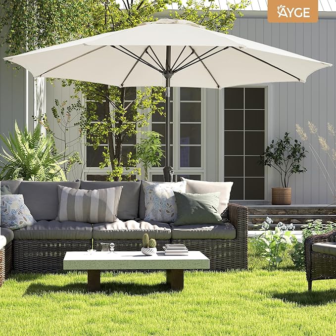 Ayge 9FT Large Outdoor Patio Umbrella Market Table Umbrella-UV Resistant, Easy Push Button Tilt and Crank, 8 Sturdy Fiberglass Ribs Heavy-Duty Pool Umbrella for Deck, Backyard,Garden
