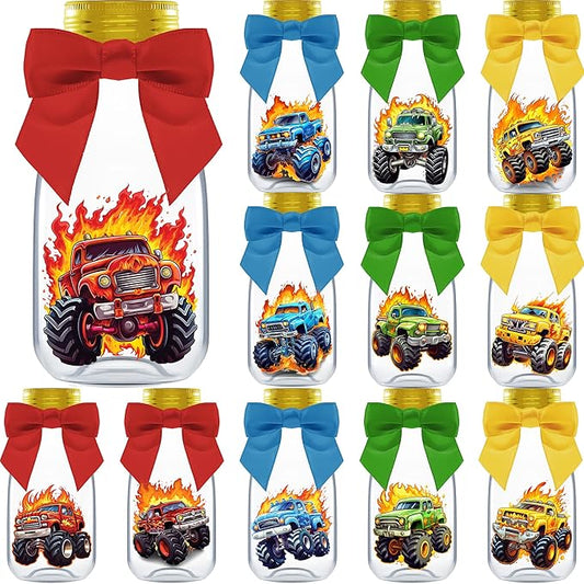 Small 12 Pack Monster Truck Party Favors - DIY Candy Jars with Ribbons and Stickers - Party Decoration Bottles for Birthday, School Classroom, and Baby Shower - Kids Car Table Centerpieces