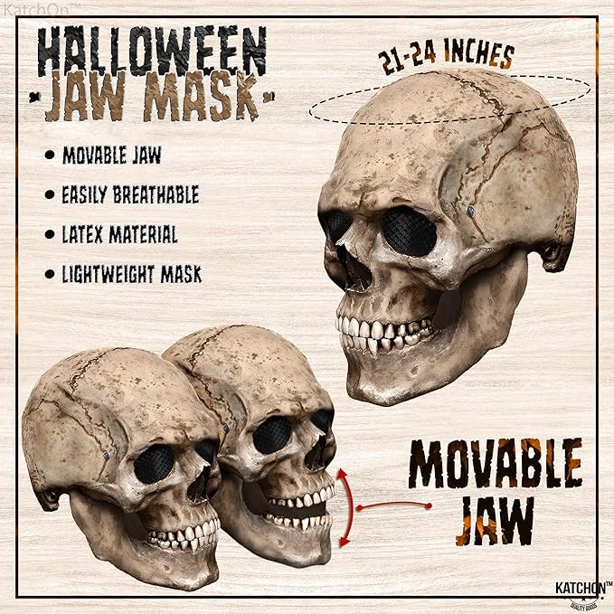 KatchOn Creepy Halloween Skull Mask Full Head with Movable Jaw - Realistic Latex Skull Mask Costume for Adults
