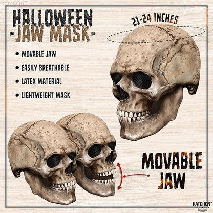 KatchOn Creepy Halloween Skull Mask Full Head with Movable Jaw - Realistic Latex Skull Mask Costume for Adults