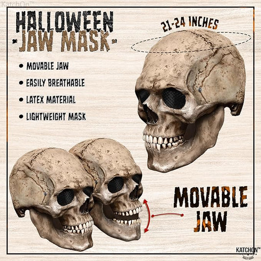 KatchOn Creepy Halloween Skull Mask Full Head with Movable Jaw - Realistic Latex Skull Mask Costume for Adults