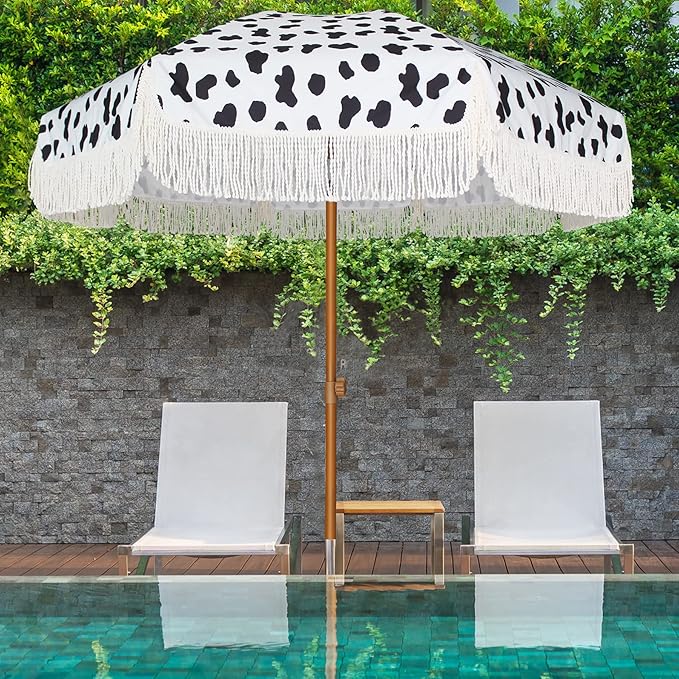 AMMSUN 7ft Patio Umbrella with Fringe Outdoor Tassel Umbrella UPF50+ Premium Steel Pole and Ribs Push Button Tilt, Cow Polka Dots