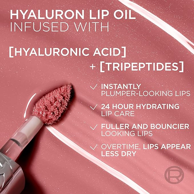 L'Oreal Paris Plump Ambition Hyaluron Lip Oil, 24 HR Lip Gloss with Hyaluronic Acid, Volumizing Formula with Glass-Like Shine, Wine O'clock 485, 0.16 Fl Oz