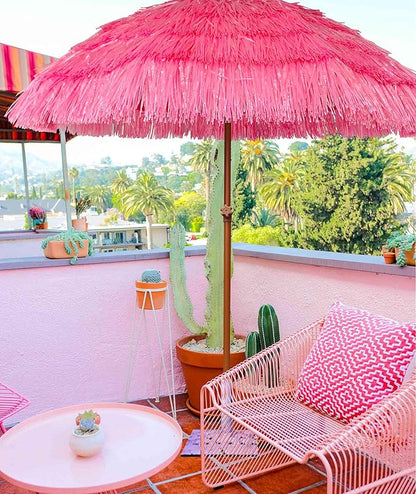 AMMSUN 7.5ft Hula Thatched Tiki Patio Beach Umbrella Hawaiian Style 10 Ribs UPF 50+ with Tilt Carry Bag for Outdoor Tiki Bar, Tropical Palapa, Patio Garden Beach Pool Backyard Pink