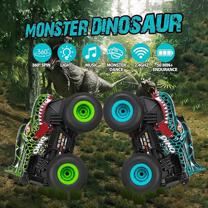 DYODYORC Remote Control Car, 2.4Ghz All Terrain Dinosaur Monster Truck Toys, RC Truck with Music, 3 Lighting Effects, 360 Stunt Capable, All Included Ready to Run, Toy Gifts for Boys and Girls (Cyan)