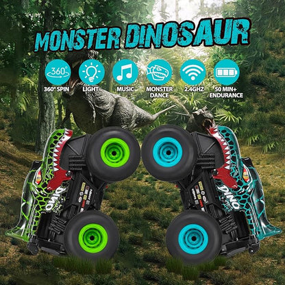 DYODYORC Remote Control Car, 2.4Ghz All Terrain Dinosaur Monster Truck Toys, RC Truck with Music, 3 Lighting Effects, 360 Stunt Capable, All Included Ready to Run, Toy Gifts for Boys and Girls (Cyan)