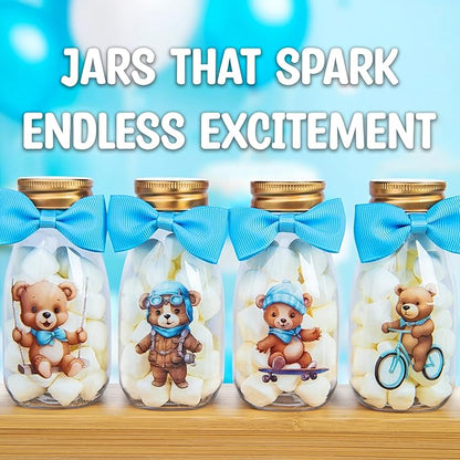 Small 12 Pack We Can Bearly Wait Party Favors for Boy - Candy Jars with Bowties and Stickers - DIY Party Decoration Bottles for Baby Shower and Gender Reveal - Blue Teddy Bear Table Centerpiece