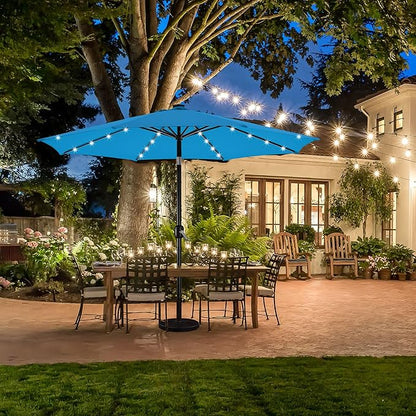 Yaheetech 10FT Solar Patio Umbrella 32 LED Lighted Outdoor Table Market Umbrella with 8 Ribs/Tilt Adjustment and UV-Resistant, Sky Blue