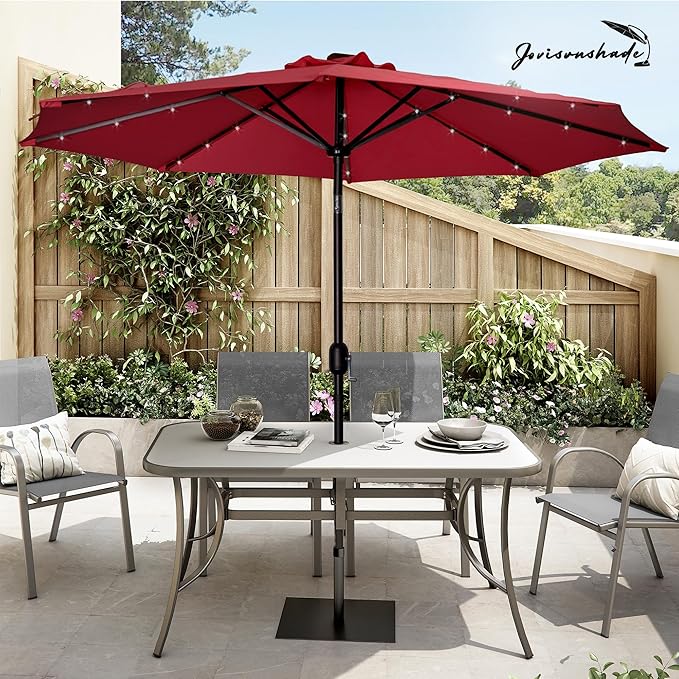9FT LED Patio Umbrella, Solar Outdoor Umbrellas with LED Lights, Deck Umbrella with Push Button Tilt and Crank, UV Protection Waterproof for Pool, Porch, Garden, Deck, Backyard. (Red)