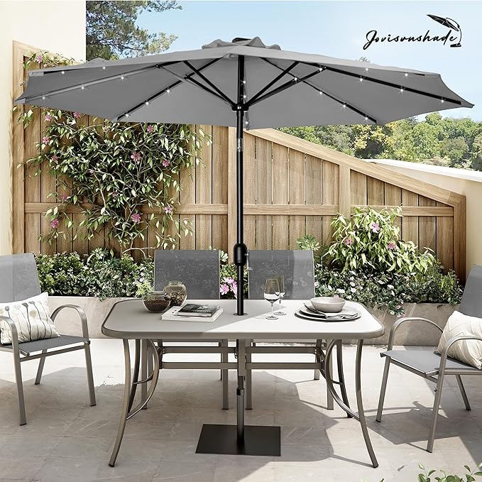 9FT LED Patio Umbrella, Solar Outdoor Umbrellas with LED Lights, Deck Umbrella with Push Button Tilt and Crank, UV Protection Waterproof for Pool, Porch, Garden, Deck, Backyard. (Gay)