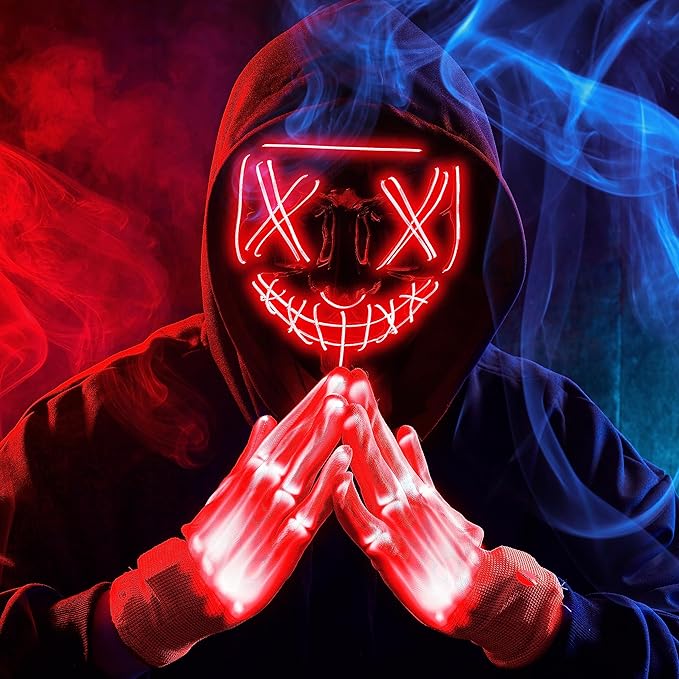 JOYIN Halloween Led Light Up Scary Mask and Gloves for Halloween Cosplay Costume (Red), 3 Modes Glow in The Dark Mask for Adult Women Men Boys Girls Trick or Treat, Party Dress Up Accessories Gifts
