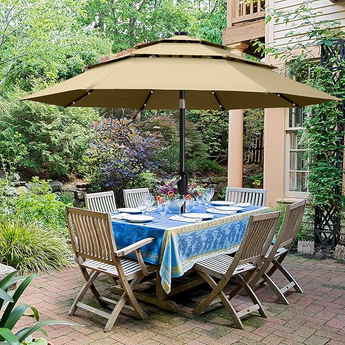 ABCCANOPY Solar Led Patio Umbrellas 3-Tiers 9FT (Khaki)