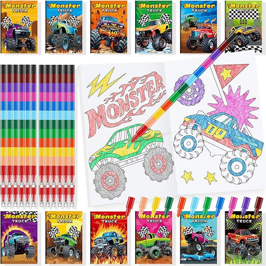 BenLouis 24 Monster Truck Mini Coloring Books Kids with 24 Stacking Crayons Monster Car Party Favors Activity Books Bulk for Kids Monster Truck Birthday Goodie Bag Gift Stuffer Classroom Travel