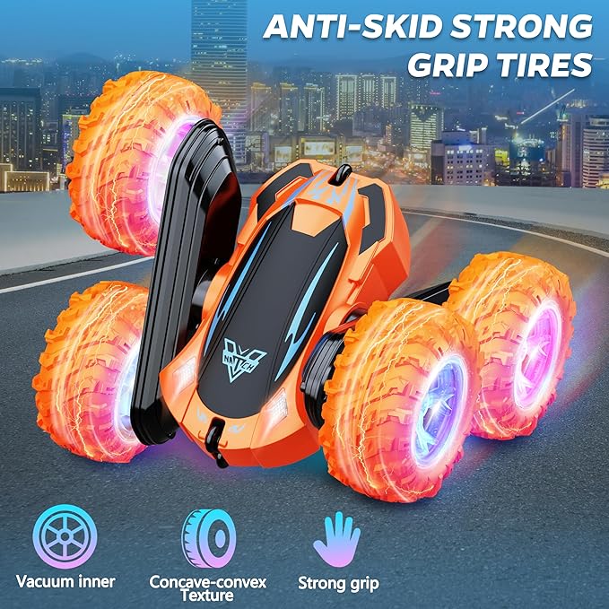Remote Control Car, 2.4GHz Electric Race Stunt Car, Double Sided 360° Rolling Rotating Rotation, LED Headlights RC 4WD High Speed Off Road Gift for 3 4 5 6 7 8-12 Year Old Boy Toys (Orange)
