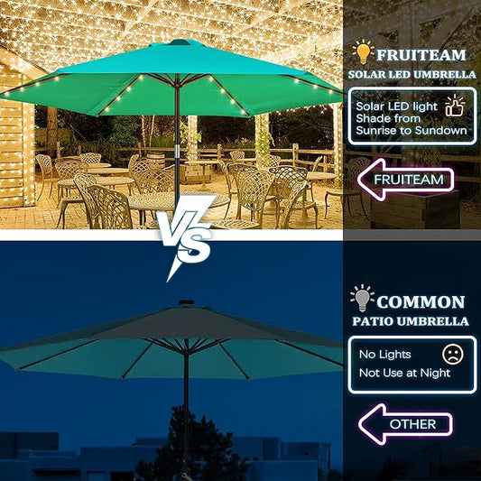 FRUITEAM 7.5 ft Solar Umbrella 24 LED Lighted Patio Umbrella Table Market Umbrella with Tilt and Crank Outdoor Umbrella for Garden, Deck, Backyard, Pool and Beach