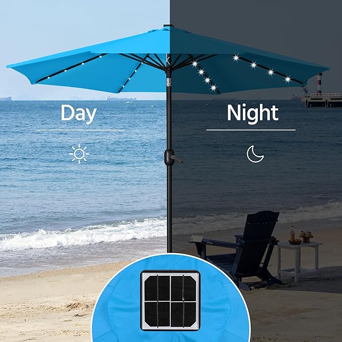 Yaheetech 11FT Solar Powered Umbrella Outdoor Patio Umbrella with 32 LED Lights and 8 Ribs - UV Protection Table Sunshade for Pool, Deck, Yard, Sky Blue