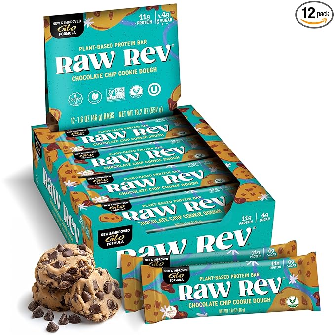 Raw Rev Vegan Protein Bars- Chocolate Chip Cookie Dough, 12 bars, Non-GMO, Plastic-Neutral, Nothing Artificial, Glo Formula, Gluten-Free, Keto-Friendly, Paleo, Kosher, No Sugar Alcohols, No Stevia.