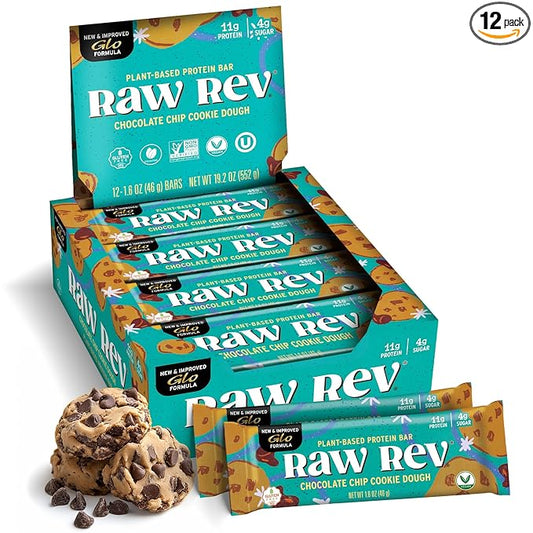 Raw Rev Vegan Protein Bars- Chocolate Chip Cookie Dough, 12 bars, Non-GMO, Plastic-Neutral, Nothing Artificial, Glo Formula, Gluten-Free, Keto-Friendly, Paleo, Kosher, No Sugar Alcohols, No Stevia.