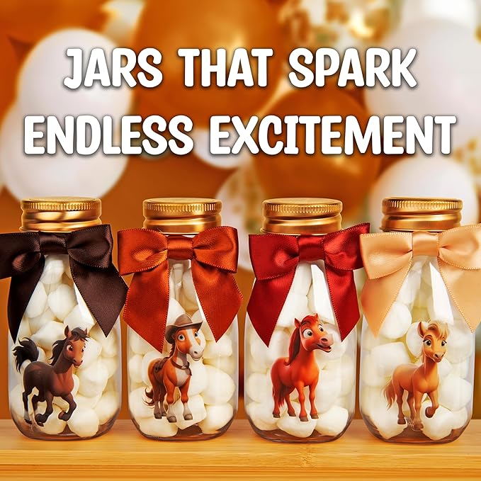 Small 12 Pack Horse Party Favors - DIY Candy Jars with Ribbons and Stickers - Cowboy Party Decoration Bottles for Birthday, School Classroom, and Baby Shower - Horse Racing Table Centerpiece
