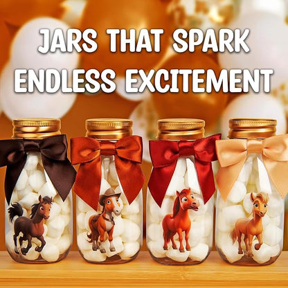 Small 12 Pack Horse Party Favors - DIY Candy Jars with Ribbons and Stickers - Cowboy Party Decoration Bottles for Birthday, School Classroom, and Baby Shower - Horse Racing Table Centerpiece