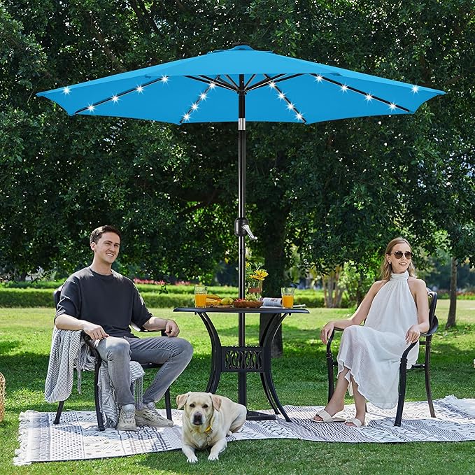 Yaheetech 10FT Solar Patio Umbrella 32 LED Lighted Outdoor Table Market Umbrella with 8 Ribs/Tilt Adjustment and UV-Resistant, Sky Blue