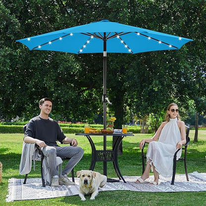 Yaheetech 10FT Solar Patio Umbrella 32 LED Lighted Outdoor Table Market Umbrella with 8 Ribs/Tilt Adjustment and UV-Resistant, Sky Blue