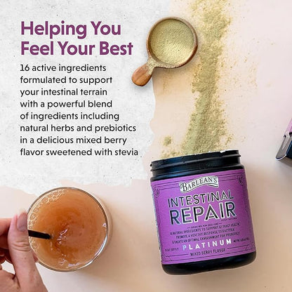Barlean’s Intestinal Repair Gut Health Powder with 16 Digestive Supplements, L-Glutamine, Marshmallow & Licorice Root, Aloe Vera, and Fiber Mixed Berry Flavor, 6.35 oz