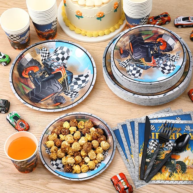 350 Pcs Monster Truck Theme Party Supplies Serves 50 Guests Racing Car Birthday Decorations Tableware Set Include Plates Napkins Cup Knives Spoon Fork for Race Car Truck Birthday Party Favors
