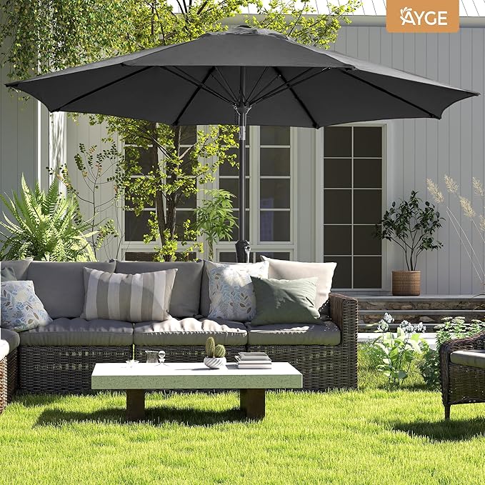 Ayge 9FT Large Outdoor Patio Umbrella Market Table Umbrella-UV Resistant, Easy Push Button Tilt and Crank, 8 Sturdy Fiberglass Ribs Heavy-Duty Pool Umbrella for Deck, Backyard,Garden